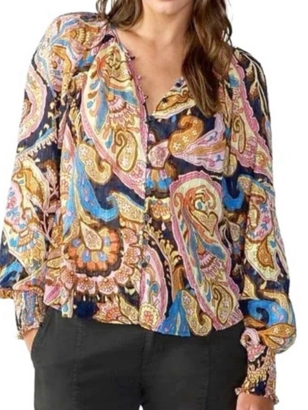 Sanctuary Metallic Paisley Multicolor Sheer Chiffon Balloon Sleeves Blouse‎ S